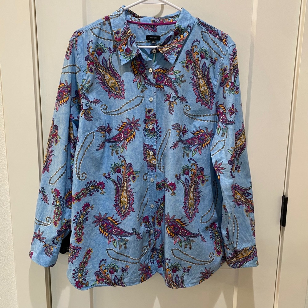 Talbots Womens XL Blue Paisley Button Down Shirt Long Sleeve Blouse Floral